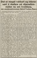 1938: Tveiten skildrer og reflekterer omkring stjernehimmelen (Grimstad adressetidende 12/2 1933)