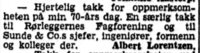 Rørlegger Albert Lorentzen takk for gratulasjonene han fikk i anledning av 70-årsdagen 27.11.1945. Aftenposten, 4.12.1945.
