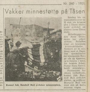 19511016 Arbeiderbladet Avduking krigsminnesmerke Tåsen skole.JPG