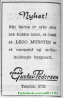 1953: Einar Gustav Pedersen i Kristiansand annonserer for nyheten LEGO MURSTEN. (Fra Fædrelandsvennen 6/11 1953)