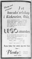 1953: Forretningen Plenty AS (i Tønsberg?) annonserer for LEGO-mursten. (Fra Tønsbergs Blad 30/11 1953)
