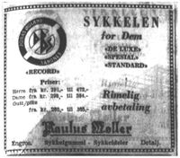1958: Paulus Møller annonserer for Record-sykkele, i utgavene de luxe, spesial og standard.