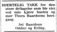 1967: I 1967 dør Thora. Jøl, Oddny og Erling takker for vennlig deltakelse. Annonsen illustrerer også variasjonen i skrivemåten av etternavnet.