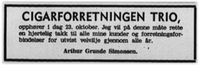 1971: 23. oktober varsler Arthur Grunde Simonsen opphør av Cigarforretningen Trio.