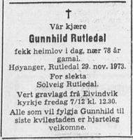 Dødsannonse for Gunnhild Rutledal. Foto: Bergens Tidende 3.12.1973