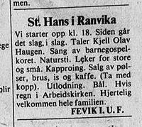 1977: Ungdomsforeningen på Fevik bedehus inviterer til St.Hans-feiring. Den ferske menighetssekretæren, Kjell Olav Haugen taler.