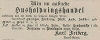 Karl Friberg har åpnet husholdningshandel. Grenmar 1. august 1889.