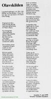 1990: Wenche Vassbotn Knudsens legendefortelling om Olav den hellige og Olavskilden. (Kilde: Grimstad adressetidende 5/7 1990)