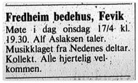 1991: Møte på Fredheim med Alf Aslaksen og musikklaget fra Nedenes.