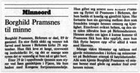 Minneord ved Borghild Pramsnes' død i 1992. Fra Agderposten.