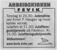 2005: Annonse for Fevik arbeidskirke og Julenattineen på Fevik.