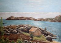 Motiv fra Gjeidevika på Tjøm med Underøy i bakgrunnen.