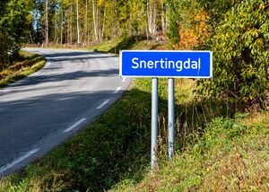 Veiskiltet langs veien mot sentrum i Snertingdal.