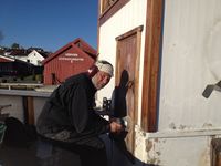 Dugnad på Havørn med Verven kystkultursenter i bakgrunnen.