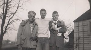 1950-tallet: Ann Isaksen Greitzer: "My grandpa Ingart Isaksen was my last direct link to Norway, him having been born and raised in Fjaere. Below are two more pictures of him in his later years: ... and the other picture is with my father and his brother in the 1950's on their farm in rural NY. My grandpa Ingart Isaksen on the left (b. 1901 Fjaere) worked very long hours as a union carpenter in the Brooklyn Navy Yard building U.S. warships during World War 2. He left home long before sunrise and to get to work he had to ride a trolley, a ferry and a subway. He didn't return home until well after sundown. My father says he was so tired some nights he would fall asleep standing in the kitchen."