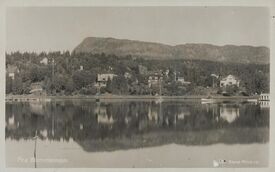 Deler av Blommenholm sett fra bukta med Kolsåstoppen i bakgrunnen. Foto: Nasjonalbiblioteket