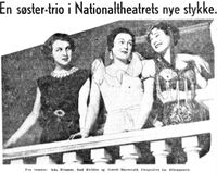 Aftenposten-artikkel fra 1935 om at søstrene Ada Kramm, Aud Richter og Gøril Havrevold spilte i samme stykke på Nationaltheatret.