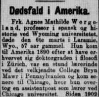Faksimile Aftenposten 31. mars 1914: Omtale av Agnes Mathilde Wergelands dødsfall i USA.