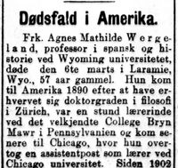 Faksimile Aftenposten 31. mars 1914: Omtale av Agnes Mathilde Wergelands dødsfall i USA.