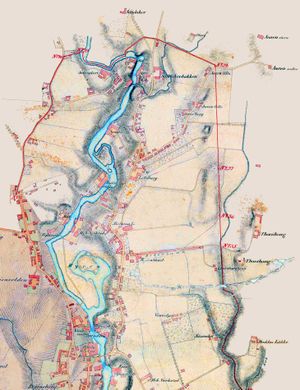 Kart over Akerselva mellom Sandaker og Sagene. Utsnitt av kart utarbeidet av stadskonduktør C. H. Grosch i 1857. Grensen mellom Christiania og Aker er trolig tegnet inn etter utvidelsen.
