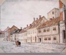 1892: Parti fra den første delen av Akersgata. Schiøllgården til høyre.