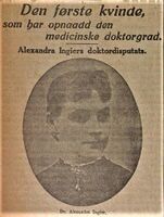 Utsnitt av omtale av Alexandra Ingier i Tidens Tegn 16. desember 1914 etter hennes doktordisputas.}}
