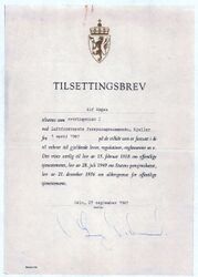 Alf Hagen Tilsettingsbrev 1967.