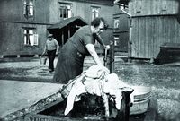 Klesvask utenfor Ambgårdene på Strømmen, som hadde felles vannpost for beboerne. Ukjent fotograf, Akershusmuseet, 1930.