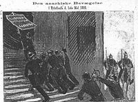 Kristofer Hansteen grunnla Anarkistisk-kommunistisk gruppe - Libertas. 1. mai 1893 slo han en politiinspektør i ansiktet da de rykka inn for å beslaglegge fanen, og han fikk for dette sju måneders straffarbeid. Her tegning fra tilsvarende demonstrasjon året før, fra Vikingen 19/1892.
