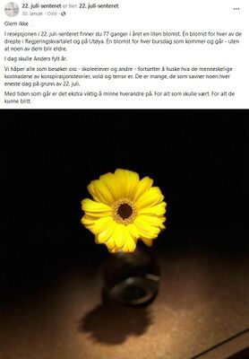Bursdagsblomsten til Anders Kristiansen, 30.01.2023. Skjermdump fra 22. juli-senterets Facebookside.