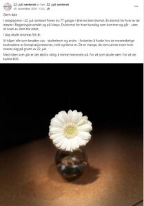 22. juli-senterets bursdagsblomst til Andreas Edvardsen, 30. november 2022. Skjermdump 22. juli-senterets Facebookside.
