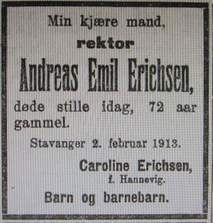 Andreas Emil Erichsen dødsannonse Stavanger Aftenblad 1913.JPG
