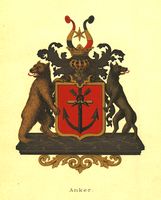 Ankers slektsvåpen etter adlingen i 1778, dels kopiert fra utdødd svensk slekt Anckars våpen.