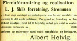 L.J. Ski overdrar i 1921 sin forretning til Albert Helvig.