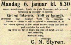G.N. Styren etablerer mandag 6. januar 1919 sin forretning i eiendommen Løvlid, Jernbanegata 7, "vis-à-vis Strømmens mek. verksted".