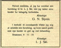 G.N. Styren overdrar allerede høsten 1919 sin forretning til L.J. Ski.