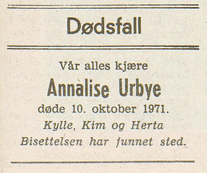 Annalise Urbye Dødsannonse i Friheten, 25.10.1971, s. 15.png