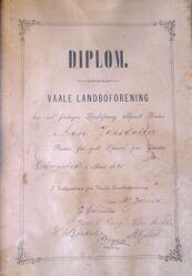 Anne Jensdotter Sletto. Diplom for godt fjøsstell fra Vaale Landboforening 1895.