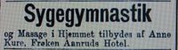 Annonse for sykegymnastikktjenester fra Anne Kure, Aftenposten 15. oktober 1884.