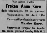 Anne Kure, dødsannonse i Aftenposten 17. juni 1914.