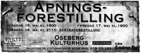 Annonse for åpningsforestillingene i daværende Oseberg kulturhus i mai 2002. Foto: Faksimile fra Tønsbergs Blad 13. mai 2002.
