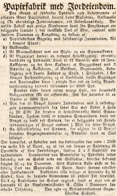 Annonse 1847 Morgenbladet 13.juni 1847 - Papirfabrikk til salgs.png