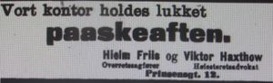 Annonse Hielm Friis og Viktor Haxthow Aftenposten 1919.jpg