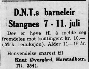 Annonse for D.N.T.s barneleir på Stangnes under landsmøtet 1951 i Folkeviljen 06.07.1951.jpg
