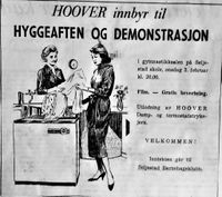 Hoover annonserte for hvitevarer i Harstad Tidende 2. februar 1960. Inntektene gikk til Seljestad barnehageklubb.