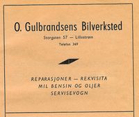 Annonse for O. Gulbrandsen. Bilverksted på Lillestrøm fra 1946