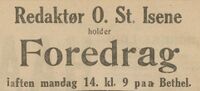 Ole Steffensen holdt foredrag om forbudsavstemmingen på Bethel 14. juli 1919. Annonse i Haalogaland 14. juli 1919.