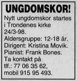 Annonse for nytt ungdomskor i Harstad Tidende 24.03.1998.jpg