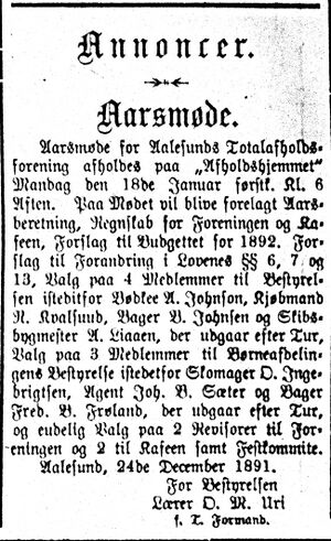 Annonse fra Ålesunds Totalafholdsforening i Søndmøre Folkeblad 4.1. 1892.jpg