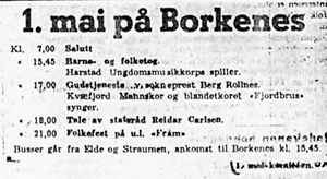 Annonse fra 1. mai-komiteen på Borkenes i Folkeviljen 28.04. 1951.jpg